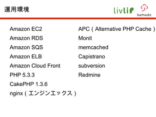 Amazon EC2 Amazon RDS Amazon SQS Amazon ELB Amazon Cloud Front PHP 5.3.3 CakePHP 1.3.6 nginx （エンジンエックス） 運用環境 APC （ Alternative PHP Cache ） Monit memcached Capistrano subversion Redmine 