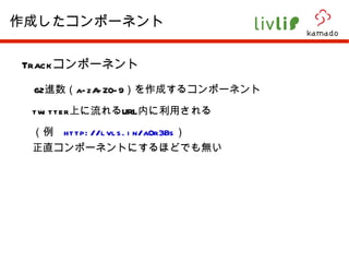 Track コンポーネント 　 62 進数（ a-zA-Z0-9 ）を作成するコンポーネント 　 twitter 上に流れる URL 内に利用される 　（例　 http://lvls.in/a0r3Bs ） 　正直コンポーネントにするほどでも無い 作成したコンポーネント 