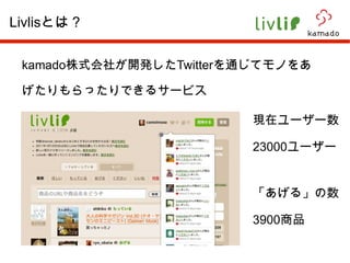 kamado 株式会社が開発した Twitter を通じてモノをあげたりもらったりできるサービス Livlis とは？ 現在ユーザー数 23000 ユーザー 「あげる」の数 3900 商品 