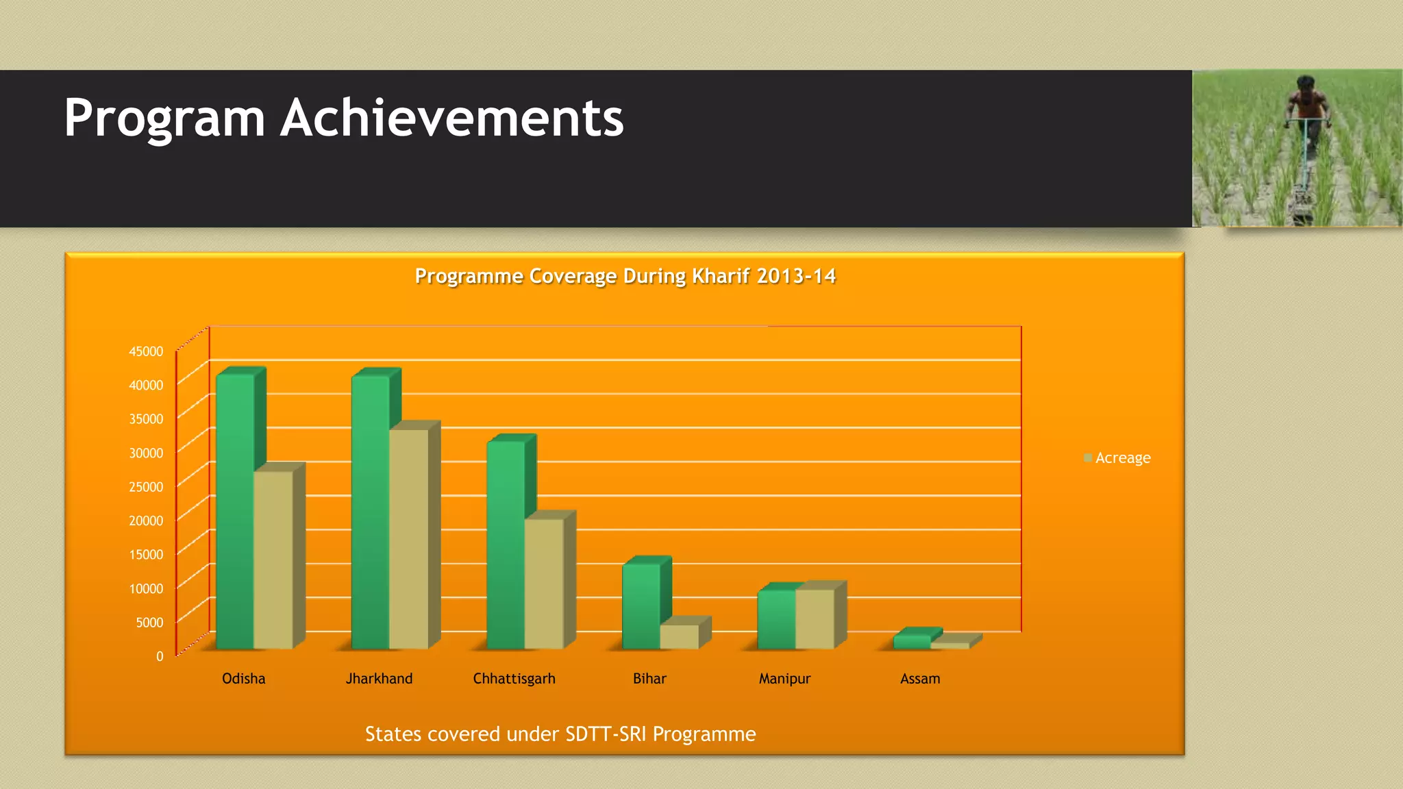 Program Achievements
0
5000
10000
15000
20000
25000
30000
35000
40000
45000
Odisha Jharkhand Chhattisgarh Bihar Manipur Assam
States covered under SDTT-SRI Programme
Programme Coverage During Kharif 2013-14
Acreage
 