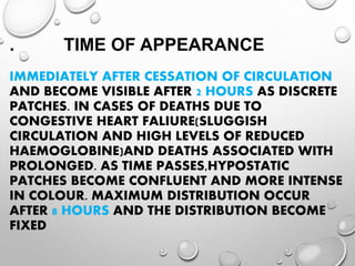 . TIME OF APPEARANCE
IMMEDIATELY AFTER CESSATION OF CIRCULATION
AND BECOME VISIBLE AFTER 2 HOURS AS DISCRETE
PATCHES. IN CASES OF DEATHS DUE TO
CONGESTIVE HEART FALIURE(SLUGGISH
CIRCULATION AND HIGH LEVELS OF REDUCED
HAEMOGLOBINE)AND DEATHS ASSOCIATED WITH
PROLONGED. AS TIME PASSES,HYPOSTATIC
PATCHES BECOME CONFLUENT AND MORE INTENSE
IN COLOUR. MAXIMUM DISTRIBUTION OCCUR
AFTER 8 HOURS AND THE DISTRIBUTION BECOME
FIXED
 
