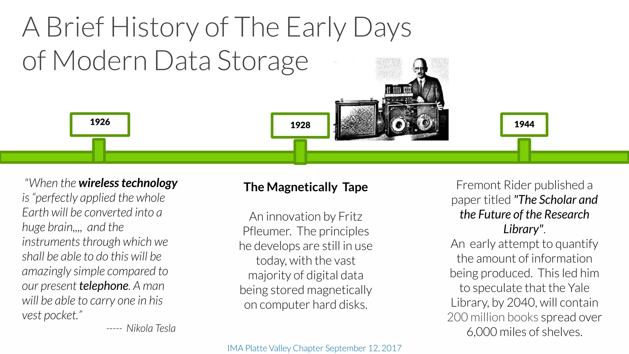 IMA Platte Valley Chapter September 12, 2017
A Brief History of The Early Days
of Modern Data Storage
1926 1928 1944
Fremont Rider published a
paper titled "The Scholar and
the Future of the Research
Library".
An early attempt to quantify
the amount of information
being produced. This led him
to speculate that the Yale
Library, by 2040, will contain
200 million books spread over
6,000 miles of shelves.
"When the wireless technology
is “perfectly applied the whole
Earth will be converted into a
huge brain,,,, and the
instruments through which we
shall be able to do this will be
amazingly simple compared to
our present telephone. A man
will be able to carry one in his
vest pocket.”
----- Nikola Tesla
The Magnetically Tape
An innovation by Fritz
Pfleumer. The principles
he develops are still in use
today, with the vast
majority of digital data
being stored magnetically
on computer hard disks.
 