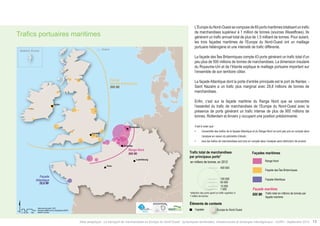 Trafics portuaires maritimes 
$ 
Data source Eurostat - 2012 
Km 
Boudaries ©MBR and EuroGeographics,©ESRI 
®AURH -2014/05 0 25 50 100 
Amsterdam 
Range Nord 
900 Mt 
Façade 
Atlantique 
29,8 Mt 
Façade 
des Iles Britanniques 
500 Mt 
Paris 
Londres 
Dublin 
Bruxelles 
Luxembourg 
Shetland, Écosse Shetland 
L’Europe du Nord-Ouest se compose de 65 ports maritimes totalisant un trafic 
de marchandises supérieur à 1 million de tonnes (sources Weastflows). Ils 
génèrent un trafic annuel total de plus de 1,5 milliard de tonnes. Pour autant, 
les trois façades maritimes de l’Europe du Nord-Ouest ont un maillage 
portuaire hétérogène et une intensité de trafic différente. 
La façade des Îles Britanniques compte 43 ports générant un trafic total d’un 
peu plus de 500 millions de tonnes de marchandises. La dimension insulaire 
du Royaume-Uni et de l’Irlande explique le maillage portuaire important sur 
l’ensemble de son territoire côtier. 
La façade Atlantique dont la porte d’entrée principale est le port de Nantes - 
Saint Nazaire a un trafic plus marginal avec 29,8 millions de tonnes de 
marchandises. 
Enfin, c’est sur la façade maritime du Range Nord que se concentre 
l’essentiel du trafic de marchandises de l’Europe du Nord-Ouest avec la 
présence de ports générant un trafic intense de plus de 900 millions de 
tonnes. Rotterdam et Anvers y occupent une position prédominante. 
Il est à noter que : 
• l’ensemble des trafics de la façade Atlantique et du Range Nord ne sont pas pris en compte dans 
l’analyse en raison du périmètre d’étude ; 
• tous les trafics de marchandises sont pris en compte dans l’analyse sans distinction de produit. 
Trafic total de marchandises 
par principaux ports* 
en milliers de tonnes, en 2012 Range Nord 
Façades maritimes 
400 000 
100 000 
50 000 
10 000 
1 000 
Façade des Îles Britanniques 
Façade Atlantique 
Façade maritime 
500 Mt Trafic total en millions de tonnes par 
façade maritime 
*sélection des ports ayant un trafic supérieur à 
1 million de tonnes 
Éléments de contexte 
Europe du Nord-Ouest 
Capitale 
Atlas analytique - Le transport de marchandises en Europe du Nord-Ouest : dynamiques territoriales, infrastructures et échanges interrégionaux - AURH - Septembre 2014 13 
Total freight traffic 
by main ports* 
Maritime coastlines 
 
