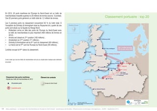 Classement portuaire : top 20 
16ème Edimbourg (Leith) 
10ème Tees et Hartlepool 
Total 1,2 milliard de tonnes 
= 62% du trafic total du NWE 
4ème : Grimsby et Immingham 
! 
! ! 
! 
! 
! ! 
! 
! 
! 
! 
! 
! 
! 
! 
$ 
Data source : Eurostat - 2012 
Km 
Boudaries ©MBR and EuroGeographics,©ESRI 
®AURH -2014/05 0 25 50 100 
3ème : Amsterdam 
1er : Rotterdam 
2ème : Anvers 
5ème : Le Havre 
20ème Dublin 
11ème Liverpool 
8ème Milford Haven 
14ème Felixstowe 
6ème Londres 
9ème Southampton 
19ème Rouen 
15ème Gand 
16ème Douvres 
13ème Zeebruges 
7ème Dunkerque 
12ème Nantes-St Nazaire 
17ème 
Ijmuiden 
Shetland, Écosse Shetland 
En 2012, 20 ports maritimes de l’Europe du Nord-Ouest ont un trafic de 
marchandises massifié supérieur à 20 millions de tonnes (source : Eurostat). 
Ces 20 premiers ports génèrent un trafic total de 1,2 milliard de tonnes. 
Les 5 premiers ports du classement concentrent 62 % du trafic total. À 
l’exception de Grimsby & Immingham situé au Royaume-Uni, quatre de ces 
ports sont situés sur la façade du Range Nord. 
• Rotterdam arrive en tête des ports de l’Europe du Nord-Ouest avec 
le trafic de marchandises le plus important (400 millions de tonnes en 
2012) ; 
• Anvers est classé en 2ème position (165 millions) ; 
• Amsterdam en 3ème position (71 millions) ; 
• Grimsby & Immingham est le 4ème port du classement (60 millions) ; 
• Le Havre est le 5ème port de l’Europe du Nord-Ouest (59 millions). 
Londres occupe la 6ème place du classement. 
Il est à noter que tous les trafics de marchandises sont pris en compte dans l’analyse sans distinction 
de produit. 
Ranking of main seaports 
Élément de contexte 
Contextual information 
Classement des ports maritimes 
d’après leur trafic de marchandises en 2012 
! 20 premiers ports 
5 premiers ports 
Europe du Nord-Ouest 
14 Atlas analytique - Le transport de marchandises en Europe du Nord-Ouest : dynamiques territoriales, infrastructures et échanges interrégionaux - AURH - Septembre 2014 
 