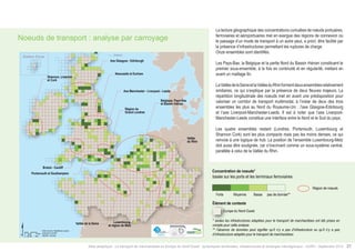 Noeuds de transport : analyse par carroyage 
Shetland, Écosse Shetland 
Bristol - Cardiff 
$ Km 
®AURH - 2014/06 
0 25 50 100 
Data sources: Weastflows project, 
powered by AURH 
Newcastle et Durham 
Axe Manchester - Liverpool - Leeds 
Région du 
Grand Londres 
Vallée de la Seine 
Belgique, Pays-Bas 
et Bassin rhénan 
Luxembourg 
et région de Metz 
Vallée 
du Rhin 
Axe Glasgow - Edinburgh 
Shannon, Limerick 
et Cork 
Portsmouth et Southampton 
La lecture géographique des concentrations cumulées de noeuds portuaires, 
ferroviaires et aéroportuaires met en exergue des régions de connexion où 
le passage d’un mode de transport à un autre peut, a priori, être facilité par 
la présence d’infrastructures permettant les ruptures de charge. 
Onze ensembles sont identifiés. 
Les Pays-Bas, la Belgique et la partie Nord du Bassin rhénan constituent le 
premier sous-ensemble, à la fois en continuité et en régularité, mettant en 
avant un maillage fin. 
La Vallée de la Seine et la Vallée du Rhin forment deux ensembles relativement 
similaires, ce qui s’explique par la présence de deux fleuves majeurs. La 
répartition longitudinale des noeuds met en avant une prédisposition pour 
valoriser un corridor de transport multimodal, à l’instar de deux des trois 
ensembles les plus au Nord du Royaume-Uni : l’axe Glasgow-Edinbourg 
et l’axe Liverpool-Manchester-Leeds. Il est à noter que l’axe Liverpool- 
Manchester-Leeds constitue une interface entre le Nord et le Sud du pays. 
Les quatre ensembles restant (Londres, Portsmouth, Luxembourg et 
Shannon Cork) sont les plus compacts mais pas les moins denses, ce qui 
renvoie à une logique de hub. La position de l’ensemble Luxembourg-Metz 
doit aussi être soulignée, car s’inscrivant comme un sous-système central, 
parallèle à celui de la Vallée du Rhin. 
Type of node concentration* 
based on port nodes and railway terminals 
High Medium Low 
No data** 
Contextual information 
North-Western Europe 
* only relevant freight transport infrastructures have been considered 
** no data can means no infrastructure or no infrastructure relevant for 
freight transportation 
Concentration de noeuds* 
basée sur les ports et les terminaux ferroviaires 
Forte Moyenne Basse 
pas de donnée** 
Nodes region 
Région de noeuds 
Élément de contexte 
Europe du Nord-Ouest 
* seules les infrastructures adaptées pour le transport de marchandises ont été prises en 
compte pour cette analyse 
** l’absence de données peut signifier qu’il n’y a pas d’infrastructure ou qu’il n’y a pas 
d’infrastructure adaptée pour le transport de marchandises 
Atlas analytique - Le transport de marchandises en Europe du Nord-Ouest : dynamiques territoriales, infrastructures et échanges interrégionaux - AURH - Septembre 2014 21 
 