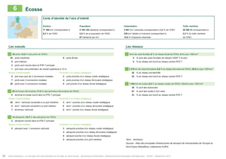 Carte d’identité de l’aire d’intérêt 
Surface Population Urbanisation Trafic maritime 
77 395 km² correspondant à 5 159 128 habitants correspondant à 2 067 km² urbanisés correspondant à 3,3 % de l’ENO 30 295 Mt correspondant à 
9,5 % de l’ENO 2,9 % de la population de l’ENO 328 km² dédiés à l’industrie correspondant à 2,2 % du trafic maritime 
67 habitants par km² 15,8 % d’espaces urbanisés de l’ENO 
6 Écosse 
Les noeuds Les réseaux 
35 ports (13,6 % des ports de l’ENO) 0 km de voies fluviales (0 % du réseau fluvial de l’ENO), 0 km pour 1000 km² 
35 ports maritimes 9 ports ferries 0 % sont des voies fluviales de classes CEMT V et plus 
0 port intérieur 0 % du réseau est inscrit au réseau central RTE-T 
2 ports sont inscrits dans le RTE-T principal 
1 port avec une profondeur de chenal supérieure à 15 m 2 216 km de voies ferroviaires (5,6 % du réseau ferroviaire de l’ENO), 28,6 km pour 1000 km² 
Niveau d’intermodalité Proximité d’un réseau stratégique 20 % du réseau est électrifié 
0 port avec plus de 3 connexions modales 3 ports proches d’un réseau routier stratégique 25 % du réseau est inscrit au réseau central RTE-T 
7 ports avec 3 connexions modales 4 ports proches d’un réseau ferroviaire stratégique 
28 ports avec 2 connexions modales 0 port proche d’un réseau fluvial stratégique 1 042 km de routes (2,5 % du réseau routier de l’ENO), 13,4 km pour 1000 km² 
39 % sont des autoroutes 
52 terminaux ferroviaires (11,9 % des terminaux ferroviaires de l’ENO) 61 % sont des routes à 2x2 voies 
0 terminal bi-modal inscrit dans le RTE-T principal 33 % du réseau est inscrit au réseau central RTE-T 
Niveau d’intermodalité Proximité d’un réseau stratégique 
45 term.* rail/route connectés à un port maritime 3 term.* proches d’un réseau routier stratégique 
0 term.* rail/route connecté à un port intérieur 5 term.* proches d’un réseau ferroviaire stratégique 
7 terminaux rail/route 0 term.* proche d’un réseau fluvial stratégique 
14 aéroports (15,2 % des aéroports de l’ENO) 
2 aéroports inscrits dans le RTE-T principal 
Niveau d’intermodalité Proximité d’un réseau stratégique 
0 aéroport avec 1 connexion rail/route 3 aéroports proches d’un réseau routier stratégique 
3 aéroports proches d’un réseau ferroviaire stratégique 
0 aéroport proche d’un réseau fluvial stratégique 
2 aéroports proches d’un port maritime *term. : terminaux 
Sources : Atlas des principales infrastructures de transport de marchandises de l’Europe du 
Nord-Ouest (Weastflows, traitements AURH) 
34 Atlas analytique - Le transport de marchandises en Europe du Nord-Ouest : dynamiques territoriales, infrastructures et échanges interrégionaux - AURH - Septembre 2014 
 