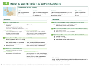 8 Région du Grand Londres et du centre de l’Angleterre 
Carte d’identité de l’aire d’intérêt 
Surface Population Urbanisation Trafic maritime 
31 666 km² correspondant à 21 342 074 habitants correspondant à 5 766 km² urbanisés correspondant à 9,1 % de l’ENO 116 762 Mt correspondant à 
3,9 % de l’ENO 12,1 % de la population de l’ENO 619 km² dédiés à l’industrie correspondant à 8,6 % du trafic maritime 
674 habitants par km² 10 % d’espaces urbanisés de l’ENO 
Les noeuds Les réseaux 
14 ports (5,4 % des ports de l’ENO) 63,6 km de voies fluviales (0,6 % du réseau fluvial de l’ENO), 2,0 km pour 1000 km² 
14 ports maritimes 5 ports ferries 54,7 % sont des voies fluviales de classes CEMT V et plus 
0 port intérieur 0 % du réseau est inscrit au réseau central RTE-T 
3 ports sont inscrits dans le RTE-T principal 
1 port avec une profondeur de chenal supérieure à 15 m 3 893 km de voies ferroviaires (9,9 % du réseau ferroviaire de l’ENO), 122,9 km pour 1000 km² 
Niveau d’intermodalité Proximité d’un réseau stratégique 53 % du réseau est électrifié 
1 port avec plus de 3 connexions modales 5 ports proches d’un réseau routier stratégique 32 % du réseau est inscrit au réseau central RTE-T 
5 ports avec 3 connexions modales 7 ports proches d’un réseau ferroviaire stratégique 
8 ports avec 2 connexions modales 0 port proche d’un réseau fluvial stratégique 2 467 km de routes (5,8 % du réseau routier de l’ENO), 77,9 km pour 1000 km² 
47 % sont des autoroutes 
26 terminaux ferroviaires (6,0 % des terminaux ferroviaires de l’ENO) 53 % sont des routes à 2x2 voies 
1 terminal bi-modal inscrit dans le RTE-T principal 40 % du réseau est inscrit au réseau central RTE-T 
Niveau d’intermodalité Proximité d’un réseau stratégique 
9 term.* rail/route connectés à un port maritime 5 term.* proches d’un réseau routier stratégique 
0 term.* rail/route connecté à un port intérieur 8 term.* proches d’un réseau ferroviaire stratégique 
18 terminaux rail/route 0 term.* proche d’un réseau fluvial stratégique 
7 aéroports (7,6 % des aéroports de l’ENO) 
5 aéroports inscrits dans le RTE-T principal 
Niveau d’intermodalité Proximité d’un réseau stratégique 
2 aéroports avec 1 connexion rail/route 3 aéroports proches d’un réseau routier stratégique 
3 aéroports proches d’un réseau ferroviaire stratégique 
0 aéroport proche d’un réseau fluvial stratégique 
1 aéroport proche d’un port maritime *term. : terminaux 
Sources : Atlas des principales infrastructures de transport de marchandises de l’Europe du 
Nord-Ouest (Weastflows, traitements AURH) 
38 Atlas analytique - Le transport de marchandises en Europe du Nord-Ouest : dynamiques territoriales, infrastructures et échanges interrégionaux - AURH - Septembre 2014 
 