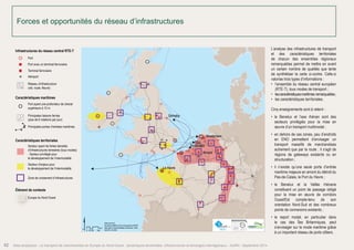 L’analyse des infrastructures de transport 
et des caractéristiques territoriales 
de chacun des ensembles régionaux 
remarquables permet de mettre en avant 
un certain nombre de qualités que tente 
de synthétiser la carte ci-contre. Celle-ci 
valorise trois types d’informations : 
• l’ensemble du réseau central européen 
(RTE-T), tous modes de transport ; 
• les caractéristiques maritimes remarquables ; 
• les caractéristiques territoriales. 
Cinq enseignements sont à retenir : 
• le Benelux et l’axe rhénan sont des 
secteurs privilégiés pour la mise en 
oeuvre d’un transport multimodal ; 
• en dehors de ces zones, peu d’endroits 
en ENO permettent d’envisager un 
transport massifié de marchandises 
autrement que par la route ; il s’agit de 
régions de gateways existants ou en 
structuration ; 
• il n’existe qu’une seule porte d’entrée 
maritime majeure en amont du détroit du 
Pas-de-Calais, le Port du Havre ; 
• le Benelux et la Vallée rhénane 
constituent un point de passage obligé 
pour la mise en oeuvre de corridors 
Ouest/Est compte-tenu de son 
orientation Nord-Sud et des nombreux 
points de connexions existants ; 
• le report modal, en particulier dans 
le cas des Îles Britanniques, peut 
s’envisager sur le mode maritime grâce 
à un important réseau de ports côtiers. 
Forces et opportunités du réseau d’infrastructures 
Grimsby 
Le Havre 
Amsterdam 
Rotterdam 
Anvers 
Forces et opportunités du 
réseau d’infrastructures de 
l’Europe du Nord-Ouest 
Infrastructures du réseau central RTE-T 
Port 
Port avec un terminal ferroviaire 
Infrastructures du réseau central RTE-T 
Terminal ferroviaire 
Port 
Aéroport 
Port avec un terminal ferroviaire 
Réseau d’infrastructure 
(rail, route, fleuve) 
Terminal ferroviaire 
Aéroport 
Réseaux d’infrastructures 
(rail, route, fleuve) 
Caractéristiques maritimes 
Port ayant une profondeur de chenal 
supérieure à 15 m 
Caractéristiques maritimes 
Port ayant une profondeur de chenal 
supérieure à 15 m 
Principales liaisons ferries 
(plus de 6 rotations par jour) 
Principales portes d’entrées maritimes 
Principales liaisons ferries 
(plus de 6 rotations par jour) 
Principales portes d’entrées maritimes 
Caractéristiques territoriales 
Caractéristiques territoriales 
Secteur ayant de fortes densités 
d’infrastructures terrestres(tous modes) 
- Secteur privilégié pour 
le développement de l’intermodalité 
Secteur ayant de fortes densités 
d’infrastructures terrestres (tous modes) 
- Secteur privilégié pour 
le développement de l’intermodalité 
Secteur d’enjeux pour 
le développement de l’intermodalité 
Secteur d’enjeux pour 
le développement de l’intermodalité 
Zone de croisement d’infrastructures 
Zone de croisement d’infrastructures 
Éléments de contexte 
Europe du Nord-Ouest 
Infrastructures in the TEN-T core network 
Port 
Port with a railway terminal 
Railway terminal 
Airport 
Infrastructure network 
(rail, road and inland waterway) 
Maritime features 
Port with a channel depth over 15 m 
Main ferry routes 
(more than 6 rotations per day) 
Main maritime access route 
Territorial features 
Sector with high terrestrial 
infrastructure density (all modes) 
- Ideal locations to develop intermodality 
High stakes sector in the development of 
intermodality 
Infrastructure crossing zone 
Contextual information 
North-Western Europe 
Km 
0 25 50 100 
Data source © 
Boudaries ©MBR and EuroGeographics,©ESRI 
Map data © OpenStreetMap contributors, ODbl 
®AURH -2013/06 
Élément de contexte 
Europe du Nord-Ouest 
52 Atlas analytique - Le transport de marchandises en Europe du Nord-Ouest : dynamiques territoriales, infrastructures et échanges interrégionaux - AURH - Septembre 2014 
 