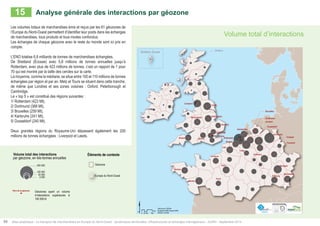 Volume total d’interactions 
15 Analyse générale des interactions par géozone 
Liege 
Shetland, Écosse Shetland 
London 
Paris 
Leeds 
Le Havre 
Km 
100 000 
50 000 
Éléments de contexte 
Géozone 
56 Atlas analytique - Le transport de marchandises en Europe du Nord-Ouest : dynamiques territoriales, infrastructures et échanges interrégionaux - AURH - Septembre 2014 
Dusseldorf 
Fribourg 
Nuremberg 
Rotterdam 
Bruges 
Rennes 
Lille 
Coblence 
Tours 
Bristol 
Arnhem 
Cologne 
Bruxelles 
Amsterdam 
Francfort 
Birmingham Eindhoven 
Cambridge 
Nantes 
Dortmund 
Nottingham 
Stuttgart 
Norwich 
Liverpool 
Oxford 
0 25 50 100 
Data source: SEStran 
Boudaries AURH (d’après ESRI) 
®AURH -2014/06 
Les volumes totaux de marchandises émis et reçus par les 61 géozones de 
l’Europe du Nord-Ouest permettent d’identifier leur poids dans les échanges 
de marchandises, tous produits et tous modes confondus. 
Les échanges de chaque géozone avec le reste du monde sont ici pris en 
compte. 
L’ENO totalise 6,8 milliards de tonnes de marchandises échangées. 
De Shetland (Écosse) avec 5,8 millions de tonnes annuelles jusqu’à 
Rotterdam, avec plus de 423 millions de tonnes, c’est un rapport de 1 pour 
70 qui est montré par la taille des cercles sur la carte. 
La moyenne, comme la médiane, se situe entre 100 et 110 millions de tonnes 
échangées par région et par an. Metz et Tours se situent dans cette tranche, 
de même que Londres et ses zones voisines : Oxford, Peterborough et 
Cambridge. 
Le « top 5 » est constitué des régions suivantes : 
1/ Rotterdam (423 Mt), 
2/ Dortmund (368 Mt), 
3/ Bruxelles (259 Mt), 
4/ Karlsruhe (241 Mt), 
5/ Dusseldorf (240 Mt). 
Deux grandes régions du Royaume-Uni dépassent également les 200 
millions de tonnes échangées : Liverpool et Leeds. 
Volume total des interactions 
par géozone, en kilo-tonnes annuelles 
400 000 
5 000 
Nom de la géozone Géozones ayant un volume 
d’interactions supérieures à 
100 000 kt 
Europe du Nord-Ouest 
 