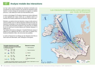 Les interactions dominantes entre géozones 
par mode de transport 
17 Analyse modale des interactions 
Les deux cartes suivantes consolident les interactions dominantes avec 
une approche par mode de transport. Pour favoriser les interactions longue 
distance, le volume échangé de marchandises est rapporté à la distance 
parcourue. L’unité utilisée est le million de tonnes-kilomètres (t-km). 
La carte ci-contre dégage 15 à 20 relations majeures par mode en définissant 
un seuil significatif pour chacun d’entre eux. La sélection aboutit à un 
ensemble de 68 relations additionnant les interactions dans les deux sens. 
Rotterdam, Main interactions qui polarise per mode* 
le tiers des interactions, marque Contextual la carte informations 
comme un 
centre inside de North-symétrie, Western avec Europe 
d’un côté les interactions maritimes et de l’autre, les 
interactions in million tonnes-continentales. km 
Le lien entre Rotterdam et la Geometrical région de centre Karlsruhe 
of Geozone 
est la ROAD 
relation intra 2 053 Nord-- 3 500 
Ouest européenne la plus forte All avec interactions 8,5 inside 
milliards 
de t-km en mode fluvial. 3 501 - 4 Six 389 
autres relations avec Rotterdam North-Western dépassent Europe 
1,4 
milliard MARITIME 
de t-km. 
985 - 1 815 
Geozone 
Trois relations ferroviaires 1 816 - 3 141 
se distinguent : Dusseldorf-Dortmund, presque 2 
milliards RAILWAY 
de t-km, également 300 - 1 000 
très forte en mode routier Capital 
(4,4 milliards t-km), 
Sarrebruck-Rotterdam 1 001 - et 1 996 
Metz -Lille comme deux liens parallèles. 
INLAND 
872 - 1 500 
North-Western Europe 
Le WATERWAY 
centre du Royaume-1 501 - 8 Uni 586 
se distingue par des interactions très fortes en 
mode routier entre Manchester, Leeds, Nottingham et Birmingham. 
* the selection of main interactions per mode was established after determination of a significant threshold 
that is specific to each interaction mode in million tonnes per km 
Principales interactions par mode* 
à l’intérieur de l’Europe du Nord-Ouest 
en millions de tonnes-km 
2 053 - 3 500 
3 501 - 4 389 
985 - 1 815 
1 816 - 3 141 
300 - 1 000 
1 001 - 1 996 
872 - 1 500 
1 501 - 8 586 
Éléments de contexte 
Centre de géozone 
Toutes les interactions 
Géozone 
Capitale 
Europe du Nord-Ouest 
ROUTE 
MER 
FER 
FLEUVE 
* la sélection des principales interactions par mode a été établie d’après la détermination d’un seuil 
significatif et spécifique à chaque mode, en millions de tonnes-km 
60 Atlas analytique - Le transport de marchandises en Europe du Nord-Ouest : dynamiques territoriales, infrastructures et échanges interrégionaux - AURH - Septembre 2014 
 