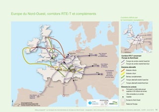Cork
Le Havre
Lille
Metz
Dijon
Bordeaux
Lyon
Dover
Liverpool/
Manchester
Birmingham
Felixstowe
Southampton
Strasbourg
Basel
Genoa
Mannheim
Stuttgart
Francfurt
Köln
Dusseldorf
Hanover
Antwerp
RotterdamZeebrugge
Gent
Liège
OsnabrückUtrecht
Belfast
Glasgow
Edinburgh
MarseilleVitoria
Bilbao
Nürnberg
Rouen
Amiens
Reims
Cambridge
Hamburg
Bremerhaven
Immingham
Dunkerque/
Calais Koblenz
Shannon/
Limerick
Leeds/
Sheffield
Vers Budapest
(Hongrie),
Bucarest
(Roumanie)
et la mer Noire
Vers Ostava
(Bulgarie)
et l’Ukraine
Vers Varsovie
(Pologne),
et la Biélorussie
Vers Madrid,
Lisbonne,
Algésiras
London
Dublin
Paris
Brussels
Amsterdam Berlin
Praha
Wien
Luxembourg
Bern
0 100
Km
Data source powered by AURH
Boudaries ©MBR and EuroGeographics,©ESRI
Map data © OpenStreetMap contributors, ODbl
Commission européenne, TENtec, ®AURH -2013/06$
Europe du Nord-Ouest, corridors RTE-T et compléments
Cork
Le Havre
Lille
Metz
Dijon
Bordeaux
Lyon
Dover
Liverpool/
Manchester
Birmingham
Felixstowe
Southampton
Strasbourg
Basel
Genoa
Mannheim
Stuttgart
Francfurt
Köln
Dusseldorf
Hanover
Antwerp
RotterdamZeebrugge
Gent
Liège
OsnabrückUtrecht
Belfast
Glasgow
Edinburgh
MarseilleVitoria
Bilbao
Nürnberg
Rouen
Amiens
Reims
Hamburg
Bremerhaven
Immingham
Dunkerque/
Calais
Vers Budapest
(Hongrie),
Bucarest
(Roumanie)
et la mer Noire
Vers Ostava
(Bulgarie)
et l’Ukraine
Vers Varsovie
(Pologne),
et la Biélorussie
Vers Madrid,
Lisbonne,
Algésiras
London
Dublin
Paris
Brussels
Amsterdam Berlin
Praha
Wien
Luxembourg
Bern
0 100
Km
Data source powered by AURH
Boudaries ©MBR and EuroGeographics,©ESRI
Map data © OpenStreetMap contributors, ODbl
Commission européenne, TENtec, ®AURH -2013/06$
Corridors RTE-T concernant
l’Europe du Nord-Ouest
Éléments de contexte
Port ayant un trafic total annuel
supérieur à 50 millions de tonnes
Europe du Nord-Ouest
Reste de l’Europe
Ville connectée à un corridor
Capitale
Tronçon de corridor orienté Ouest-Est
Tronçon de corridor orienté Nord-Sud
Itinéraires alternatifs
Tronçon alternatif orienté Ouest-Est
Tronçon alternatif orienté Nord-Sud
Itinéraire «Nord»
Itinéraire «Sud»
Barreau complémentaire
Corridors définis par
la Commission européenne
19Atlas prospectif - Le transport de marchandises en Europe du Nord-Ouest : congestion, liens manquants, infrastructures sous-utilisées et itinéraires alternatifs - AURH - Avril 2015
 