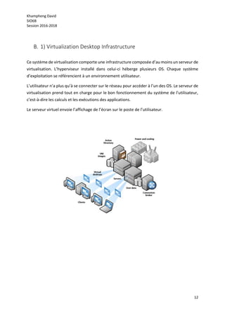 Khampheng David
SIO6B
Session 2016-2018
12
B. 1) Virtualization Desktop Infrastructure
Ce système de virtualisation comporte une infrastructure composée d’au moins un serveur de
virtualisation. L’hyperviseur installé dans celui-ci héberge plusieurs OS. Chaque système
d’exploitation se référencient à un environnement utilisateur.
L’utilisateur n’a plus qu’à se connecter sur le réseau pour accéder à l’un des OS. Le serveur de
virtualisation prend tout en charge pour le bon fonctionnement du système de l’utilisateur,
c’est-à-dire les calculs et les exécutions des applications.
Le serveur virtuel envoie l’affichage de l’écran sur le poste de l’utilisateur.
 