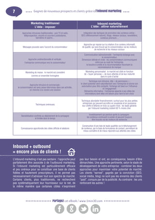 7

Gagnez de nouveaux prospects et clients grâce à l’inbound marketing

Inbound + outbound
= encore plus de clients !
L’inbound marketing n’est pas sectaire : l’approche peut
parfaitement être associée à de l’outbound marketing.
Si l’inbound marketing est particulièrement efficace
et peu onéreux pour se constituer une base de clients
fidèles et hautement prescripteurs, il ne permet pas
nécessairement d’adresser tout son spectre de marché.
Certains clients, plus traditionnels, ne recherchent
pas systématiquement leur fournisseur sur le net, de
la même manière que certaines cibles n’expriment

pas leur besoin et ont, en conséquence, besoin d’être
démarchées. Une approche pertinente, selon le stade de
développement de votre entreprise : combiner les deux
approches pour maximiser votre potentiel de marché.
Les clients “earned”, gagnés par la conviction (SEO,
social média, blog) ne sont pas les ennemis des clients
“paid”, conquis par de la publicité. Au contraire : les uns
renforcent les autres !

Partagez cet eBook / www.1min30.com

 