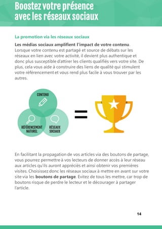 14
La promotion via les réseaux sociaux
Les médias sociaux amplifient l’impact de votre contenu.
Lorsque votre contenu est partagé et source de débats sur les
réseaux en lien avec votre activité, il devient plus authentique et
donc plus susceptible d’attirer les clients qualifiés vers votre site. De
plus, cela vous aide à construire des liens de qualité qui stimulent
votre référencement et vous rend plus facile à vous trouver par les
autres.
Boostez votre présence
avec les réseaux sociaux
En facilitant la propagation de vos articles via des boutons de partage,
vous pourrez permettre à vos lecteurs de donner accès à leur réseau
aux articles qu’ils auront appréciés et ainsi obtenir vos premières
visites. Choisissez donc les réseaux sociaux à mettre en avant sur votre
site via les boutons de partage. Evitez de tous les mettre, car trop de
boutons risque de perdre le lecteur et le décourager à partager
l’article.
=
 