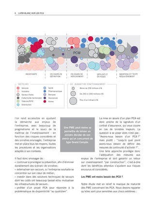 6   LIVRE BLANC SUR LES PCA




                                                       PCM




           INEXISTANTE               EN COURS DE     EN COURS DE                    DÉPLOYÉ ET   MAINTENU ET TESTÉ
                                     DÉFINITION      DÉPLOIEMENT                    EN PLACE     RÉGULIÈREMENT



    SECTEURS                                         CA - BUDGET DE FONCTIONNEMENT
      Services                      Santé                   Moins de 200 millions d’
      Industrie                     Pharmaceutique
      Secteur Public                Banques                 De 200 à 1000 millions d’

      Collectivités territoriales   Assurances
                                                            Plus d’un milliard d’
      Télécom/NTIC                  Autres
      Distribution




l’on rend accessible en ajustant                                               La mise en œuvre d’un plan PCA est
la démarche aux enjeux de                                                      donc proche de la signature d’un
l’entreprise, avec beaucoup de                                                 contrat d’assurance, qui vous couvre
                                               Une PME peut moins se
pragmatisme et le souci de la                                                  en cas de sinistres majeurs. La
                                                permettre de laisser un
maîtrise de l’investissement : en                                              question à se poser alors n’est pas :
                                                sinistre décider de son
fonction des risques considérés et                                             ‘‘Avons-nous besoin d’un PCA ?’’
                                              avenir qu’un concurrent de
des sinistres envisagés, l’entreprise                                          mais plutôt : ‘‘Jusqu’à quel point
                                                  type Grand Compte.
met en place tous les moyens, toutes                                           avons-nous besoin de définir des
les procédures et les organisations                                            mesures de continuité d’activité ?’’.
adaptés à son contexte.                                                        Une telle approche privilégie donc
                                                                               l’adéquation des mesures aux
Il faut donc envisager de :                                    enjeux de l’entreprise et doit garantir un retour
– continuer à privilégier la prévention, afin d’éliminer       sur investissement ‘‘par construction’’, c’est-à-dire
durablement des scénarii de sinistres ;                        dont les bénéfices attendus s’ajustent aux risques
– externaliser son secours, si l’entreprise souhaite se        encourus et considérés.
concentrer sur son cœur de métier ;
– investir dans des solutions techniques de secours            Les PME ont moins besoin des PCA ?
dont les coûts ont beaucoup baissé et/ou mutualiser
les infrastructures de secours ;                               Notre étude met en relief le manque de maturité
– profiter d’un projet PCA pour répondre à la                  des PME concernant les PCA. Nous devons rappeler
problématique de disponibilité ‘‘au quotidien’’.               qu’elles sont plus sensibles aux chocs extrêmes :
 