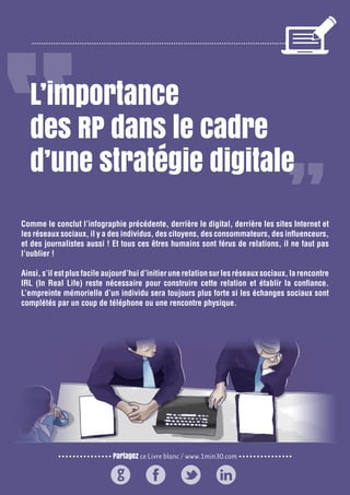 Partagez ce Livre blanc / www.1min30.com
9 enseignements pour doper vos relations presse92
L’importance
des RP dans le cadre
d’une stratégie digitale
Comme le conclut l’infographie précédente, derrière le digital, derrière les sites Internet et
les réseaux sociaux, il y a des individus, des citoyens, des consommateurs, des influenceurs,
et des journalistes aussi ! Et tous ces êtres humains sont férus de relations, il ne faut pas
l’oublier !
Ainsi,s’ilestplusfacileaujourd’huid’initierunerelationsurlesréseauxsociaux,larencontre
IRL (In Real Life) reste nécessaire pour construire cette relation et établir la confiance.
L’empreinte mémorielle d’un individu sera toujours plus forte si les échanges sociaux sont
complétés par un coup de téléphone ou une rencontre physique.
 