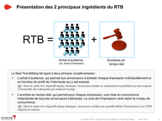 Janvier 2015 10Livre Blanc RTB : Comprendre sa complexité, connaître ses limites
Présentation des 2 principaux ingrédients du RTB
RTB = + +
Achat d’audience
(vs. achat d’inventaire)
Enchères en
temps réel
Le Real Time Bidding fait appel à deux principes complémentaires :
 L’achat d’audience, qui permet aux annonceurs d’acheter chaque impression individuellement et
en fonction du profil de l’internaute qui y est exposé.
NB : Dans le cadre d’un dispositif display classique, l’annonceur achète un emplacement publicitaire qui sera exposé
à l’ensemble des internautes qui visiteront la page.
 L’enchère en temps réel, qui permet pour chaque impression, une mise en concurrence
instantanée de tous les annonceurs intéressés. Le coût de l’impression varie selon le niveau de
concurrence.
NB : Dans le cadre d’un dispositif display classique, l’annonceur achète une quantité définie d’impressions à un CPM
négocié en avance.
 