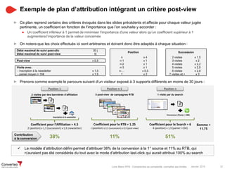 Janvier 2015 37Livre Blanc RTB : Comprendre sa complexité, connaître ses limites
► Ce plan reprend certains des critères évoqués dans les slides précédents et affecte pour chaque valeur jugée
pertinente, un coefficient en fonction de l’importance que l’on souhaite y accorder :
● Un coefficient inférieur à 1 permet de minimiser l’importance d’une valeur alors qu’un coefficient supérieur à 1
augmentera l’importance de la valeur concernée
► On notera que les choix effectués ici sont arbitraires et doivent donc être adaptés à chaque situation :
► Prenons comme exemple le parcours suivant d’un visiteur exposé à 3 supports différents en moins de 30 jours :
Exemple de plan d’attribution intégrant un critère post-view
Délai maximal de suivi post-clic
Délai maximal de suivi post-view
30 j
5j
Position Succession
n x 4 2 visites x 1,5
Post-view x 0,5 n-1 x 1 3 visites x 2
n-2 x 1 4 visites x 2,2
Visite avec n-3 x 1 5 visites x 2,5
- inscription à la newsletter x 1,5 n-… x 0,5 6 visites x 2,8
- panier moyen > 15€ x 1,5 1 x 2 7 visites et + x 3
Coefficient pour l’Affiliation = 4.5
2 (position) x 1,5 (succession) x 1,5 (newsletter)
5 post-view de campagnes RTB2 visites par des bannières d’affiliation 1 visite par du search
Conversion (Panier = 26€)
Inscription à la newsletter
Position 1 Position n-1 Position n
Coefficient pour le RTB = 1.25
1 (position) x 2,5 (succession) x 0,5 (post-view)
Coefficient pour le Search = 6
4 (position) x 1,5 (panier >15€)
Contribution
à la conversion 38% 11% 51%
Somme =
11.75
 Le modèle d’attribution défini permet d’attribuer 38% de la conversion à la 1° source et 11% au RTB, qui
n’auraient pas été considérés du tout avec le mode d’attribution last-click qui aurait attribué 100% au search
 