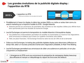 Janvier 2015 8Livre Blanc RTB : Comprendre sa complexité, connaître ses limites
Les grandes évolutions de la publicité digitale display :
l’apparition du RTB
 L’émergence du RTB ouvre aux annonceurs la perspective de campagnes display beaucoup
plus efficaces et marque un rééquilibrage du rapport de force avec les éditeurs
L’apparition du RTB
2010’s Annonceur
Ad Exchange
EditeurEditeurEditeurEditeur> Vente aux enchères via une place de marché
D’après : IAB, The Evolution of Online Display Advertising
► Parallèlement à l’essor du display, le début des années 2000 a vu naître un acteur bien connu du
search marketing qui a inspiré le modèle du RTB : Google Adwords
● Adwords permet aux annonceurs de paramétrer des enchères sur des requêtes ciblées pour afficher leurs
liens sponsorisés parmi les résultats de recherche Google
► Les Ad Exchanges ont permis la transposition du modèle Adwords à l’écosystème display
● Ces plateformes d’intermediation permettent de simplifier et d’automatiser au maximum les négociations
entre annonceurs et éditeurs par le biais d’un système d’enchères ultra-ciblées
● Telle une place financière, l’Ad Exchange fonctionne selon les lois de l’offre et de la demande
► Grâce aux Ad Exchanges, le trading des publicités digitales display peut désormais s’effectuer en
temps réel, selon un nouveau protocole d’achat sans négociation préalable, le Real Time Bidding
► Les Ad Exchanges permettent aux annonceurs de cibler une audience en particulier, et non plus
uniquement un emplacement
 