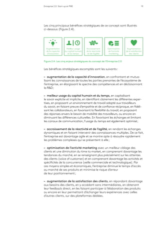 Entreprise 2.0 : Start-up et PME 19
Les cinq principaux bénéfices stratégiques de ce concept sont illustrés
ci-dessous (Figure 2.4).
Optimisation
de l’activité
marketing
Augmentation
de la satisfaction
des clients
Augmentation
de la capacité
d’innovation
Accroissement
de la réactivité
et de l’agilité
Meilleur usage
du capital humain
et du temps
Figure 2.4 : Les cinq enjeux stratégiques du concept de l’Entreprise 2.0
Les bénéfices stratégiques escomptés sont les suivants :
–– augmentation de la capacité d’innovation, en confrontant et mutua-
lisant les connaissances de toutes les parties prenantes de l’écosystème de
l’entreprise, en élargissant le spectre des compétences et en décloisonnant
la R&D ;
–– meilleur usage du capital humain et du temps, en capitalisant
le savoir explicite et implicite, en identifiant clairement les différentes exper-
tises, en proposant un environnement de travail adapté aux travailleurs
du savoir, en faisant preuve d’empathie et de confiance réciproque, en fidéli-
sant les collaborateurs, en favorisant la flexibilité du travail, en proposant
des réponses envers le besoin de mobilité des travailleurs, ou encore en
diminuant les différences culturelles. En favorisant les échanges et limitant
les canaux de communication, l’usage du temps est également optimisé ;
–– accroissement de la réactivité et de l’agilité, en rendant les échanges
dynamiques et en faisant intervenir des connaissances multiples. De ce fait,
l’entreprise est davantage agile et se montre apte à résoudre rapidement
les problèmes complexes qui se présentent à elle ;
–– optimisation de l’activité marketing avec un meilleur ciblage des
clients et une diminution du time to market, en comprenant davantage les
tendances du marché, en se renseignant plus précisément sur les attentes
des clients (voice of customer) et en comprenant davantage les activités et
spécificités de la concurrence (veille commerciale et technologique). Par
ces moyens simples et économiques, l’entreprise diminue le temps d’accès
au marché de ses produits et minimise le risque d’erreur
de leur positionnement ;
–– augmentation de la satisfaction des clients, en répondant davantage
aux besoins des clients, en y accédant sans intermédiaires, en obtenant
leur feedback direct, en les faisant participer à l’élaboration des produits
ou encore en leur permettant d’échanger leurs expériences avec celles
d’autres clients, sur des plateformes dédiées.
 