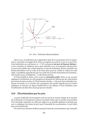 Cm
CM
Q
O
D(p)
QC
C
Cm(QC
) = p(QC
)
CM(QC
)  p(QC
) ⇒ Π(QC
)  0
pC
QB
B
p(QB
) = CM(QB
) ⇒ Π(QC
) = 0
pB
FIG. 16.8 – Tariﬁcation Ramsey-Boiteux
Dans ce cas, la tariﬁcation qui s’approche le plus de la concurrence tout en respec-
tant la contrainte de budget de la ﬁrme correspond au point B (c’est un second best).
Cette tariﬁcation au coût moyen (p = CM) correspond aux prix de Ramsey–Boiteux :
c’est la situation la meilleure qu’on peut atteindre avec un monopole naturel privé.
Les pouvoirs publics qui veulent imposer ce type de tariﬁcation doivent posséder une
bonne information sur les coûts de la ﬁrme pour pouvoir vériﬁer le respect de cette
règle. Ce problème apparaît dès que l’on conﬁe des activités demandant une infrastruc-
ture lourde (le gaz, le téléphone,...) à des ﬁrmes privées.
Si l’état possède la ﬁrme, nous avons un monopole public. Dans ce cas, on peut
appliquer la tariﬁcation au coût marginal en ﬁnançant les déﬁcits par des subventions
provenant d’autres recettes de l’Etat (recettes ﬁscales,...). On peut alors atteindre l’op-
timum de Pareto sur ce marché. Par conséquent, des proﬁts négatifs pour les ﬁrmes
publiques ne sont pas un signe d’inefﬁcacité en eux–mêmes ; il faut considérer aussi
l’amélioration du bien–être social qui peut en résulter.
16.8 Discrimination par les prix
La perte d’efﬁcacité du monopole vient du fait qu’en tenant compte de la réaction
de la demande, le monopole est amené à produire moins que le marché concurrentiel.
Si le monopole augmente son offre par rapport à sa quantité optimale, il anticipe que
cela va impliquer une baisse de prix pour l’ensemble de sa production. Ce qui réduit
bien sûr le proﬁt total.
Or cela est une situation inefﬁcace puisqu’il reste des consommateurs qui sont prêts
201
 