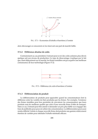 O
B
Cm
CM
q
•
•
q*
q0
q*
: Echelle efficace minimale
FIG. 17.1 – Economies d’échelle et barrières à l’entrée
alors décourager ce concurrent en lui réservant une part de marché faible.
17.1.2 Différence absolue de coûts
Contrairement au cas précédent, l’entrant peut avoir des coûts unitaires plus élevés
quelque soit son niveau de production. Ce type de désavantage s’explique par le fait
que, étant déjà présent sur le marché, les ﬁrmes installées ont pu acquérir une meilleure
connaissance de leur technologie (Figure 17.2).
q
CMI
CME
FIG. 17.2 – Différence de coût et barrières à l’entrée
17.1.3 Différenciation de produit
La différenciation de produits peut apparaître quand les consommateurs font la
différence entre les variétés du bien produites par les ﬁrmes. Par exemple, l’existence
des ﬁrmes installées peut leur permettre de convaincre les consommateur que leurs
produits sont de meilleure qualité que celui d’une nouvelle ﬁrme (l’effet de marque).
Dans ce cas, l’entrant peut être amené à demander un prix plus faible ou à engager des
frais de publicités pour pouvoir attirer des consommateur. La différenciation peut aussi
rendre difﬁcile l’entrée si chaque nouvelle ﬁrme doit produire une gamme relativement
étendue de variétés pour atteindre l’échelle minimale efﬁcace.
208
 