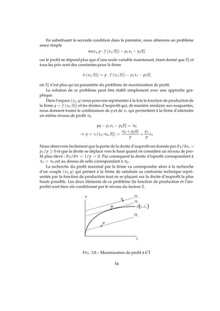 En substituant la seconde condition dans la première, nous obtenons un problème
assez simple
maxx1
p · f (x1; x2) − p1x1 − p2x2
car le proﬁt ne dépend plus que d’une seule variable maintenant, étant donné que x2 et
tous les prix sont des constantes pour la ﬁrme
π (x1; x2) = p · f (x1; x2) − p1x1 − p2x2
où x2 n’est plus qu’un paramètre du problème de maximisation de proﬁt.
La solution de ce problème peut être établi simplement avec une approche gra-
phique.
Dans l’espace (x1, q) nous pouvons représenter à la fois la fonction de production de
la ﬁrme q = f (x1; x2) et les droites d’isoproﬁt qui, de manière similaire aux isoquantes,
nous donnent toutes le combinaison de q et de x1 qui permettent à la ﬁrme d’atteindre
un même niveau de proﬁt π0
pq − p1x1 − p2x2 = π0
⇒ q = γ (x1; π0, x2) =
π0 + p2x2
p
+
p1
p
x1
Nous observons facilement que la pente de la droite d’isoproﬁt est donnée par ∂γ/∂x1 =
p1/p ≥ 0 et que la droite se déplace vers le haut quand on considère un niveau de pro-
ﬁt plus élevé : ∂γ/∂π = 1/p  0. Par conséquent la droite d’isproﬁt correspondant à
π1  π0 est au dessus de celle correspondant à π0.
La recherche du proﬁt maximal par la ﬁrme va correspondre alors à la recherche
d’un couple (x1, q) qui permet à la ﬁrme de satisfaire sa contrainte technique repré-
sentée par la fonction de production tout en se plaçant sur la droite d’isoproﬁt la plus
haute possible. Les deux éléments de ce problème (la fonction de production et l’iso-
proﬁt) sont bien sûr conditionné par le niveau du facteur 2.
FIG. 3.8 – Maximisation de proﬁt à CT
54
 