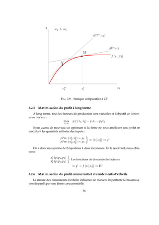 x1
q
f (x1; x2)
x∗
1x∗∗
1
γ(Π∗
ω1)
γ(Π∗∗
, ω2)
ω2  ω1
M
N
FIG. 3.9 – Statique comparative à CT
3.2.5 Maximisation du proﬁt à long terme
A long terme, tous les facteurs de production sont variables et l’objectif de l’entre-
prise devient :
max
x1,x2
p.f (x1, x2) − p1x1 − p2x2
Nous avons de nouveau un optimum si la ﬁrme ne peut améliorer son proﬁt en
modiﬁant les quantités utilisées des inputs :
pPm1 (x∗
1, x∗
2) = p1
pPm2 (x∗
1, x∗
2) = p2
⇒ (x∗
1, x∗
2) ⇒ q∗
On a donc un système de 2 équations à deux inconnues. En le résolvant, nous obte-
nons :
x∗
1 (p; p1, p2)
x∗
2 (p; p1, p2)
Les fonctions de demande de facteurs
⇒ q∗
= f (x∗
1, x∗
2) ⇒ Π∗
3.2.6 Maximisation du proﬁt concurrentiel et rendements d’échelle
La nature des rendements d’échelle inﬂuence de manière importante la maximisa-
tion de proﬁt par une ﬁrme concurrentielle.
56
 