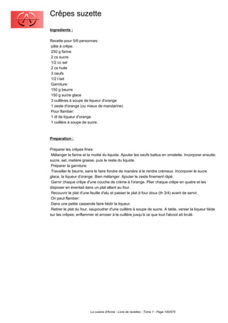 Crêpes suzette
Ingredients :

Recette pour 5/6 personnes:
pâte à crêpe:
250 g farine
2 cs sucre
1/2 cc sel
2 cs huile
3 oeufs
1/2 l lait
Garniture:
150 g beurre
150 g sucre glace
3 cuillères à soupe de liqueur d'orange
1 zeste d'orange (ou mieux de mandarine)
Pour flamber:
1 dl de liqueur d'orange
1 cuillère à soupe de sucre.



Preparation :

Préparer les crêpes fines:
 Mélanger la farine et la moitié du liquide. Ajouter les oeufs battus en omelette. Incorporer ensuite:
sucre, sel, matière grasse, puis le reste du liquide.
 Préparer la garniture:
 Travailler le beurre, sans le faire fondre de manière à le rendre crémeux. Incorporer le sucre
glace, la liqueur d'orange. Bien mélanger. Ajouter le zeste finement râpé.
 Garnir chaque crêpe d'une couche de crème à l'orange. Plier chaque crêpe en quatre et les
disposer en éventail dans un plat allant au four.
 Recouvrir le plat d'une feuille d'alu et passer le plat à four doux (th 3/4) avant de servir.
 On peut flamber:
 Dans une petite casserole faire tièdir la liqueur.
 Retirer le plat du four, saupoudrer d'une cuillère à soupe de sucre. A table, verser la liqueur tiède
sur les crêpes; enflammer et arroser à la cuillère jusqu'à ce que tout l'alcool ait brulé.




                        La cuisine d'Annie - Livre de recettes - Tome 1 - Page 100/570
 