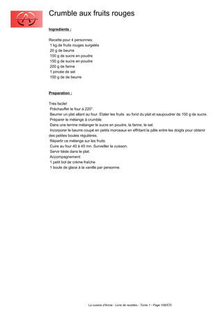 Crumble aux fruits rouges
Ingredients :

Recette pour 4 personnes:
1 kg de fruits rouges surgelés
20 g de beurre
100 g de sucre en poudre
150 g de sucre en poudre
200 g de farine
1 pincée de sel
100 g de de beurre



Preparation :

Très facile!
 Préchauffer le four à 220°.
 Beurrer un plat allant au four. Etaler les fruits au fond du plat et saupoudrer de 100 g de sucre.
 Préparer le mélange à crumble:
 Dans une terrine mélanger le sucre en poudre, la farine, le sel.
 Incorporer le beurre coupé en petits morceaux en effritant la pâte entre les doigts pour obtenir
des petites boules régulières.
 Répartir ce mélange sur les fruits.
 Cuire au four 40 à 45 mn. Surveiller la cuisson.
 Servir tiède dans le plat.
 Accompagnement:
 1 petit bol de crème fraîche
 1 boule de glace à la vanille par personne.




                        La cuisine d'Annie - Livre de recettes - Tome 1 - Page 108/570
 