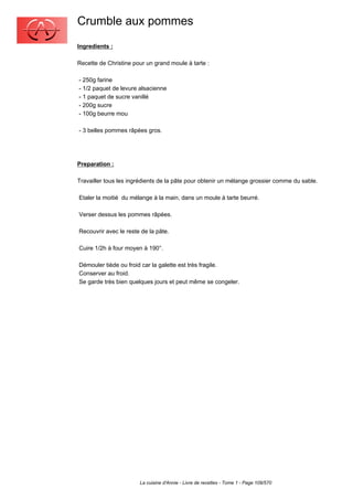 Crumble aux pommes
Ingredients :

Recette de Christine pour un grand moule à tarte :

- 250g farine
- 1/2 paquet de levure alsacienne
- 1 paquet de sucre vanillé
- 200g sucre
- 100g beurre mou

- 3 belles pommes râpées gros.




Preparation :

Travailler tous les ingrédients de la pâte pour obtenir un mélange grossier comme du sable.

Etaler la moitié du mélange à la main, dans un moule à tarte beurré.

Verser dessus les pommes râpées.

Recouvrir avec le reste de la pâte.

Cuire 1/2h à four moyen à 190°.

Démouler tiède ou froid car la galette est très fragile.
Conserver au froid.
Se garde très bien quelques jours et peut même se congeler.




                       La cuisine d'Annie - Livre de recettes - Tome 1 - Page 109/570
 