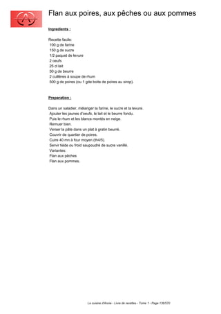 Flan aux poires, aux pêches ou aux pommes
Ingredients :

Recette facile:
100 g de farine
150 g de sucre
1/2 paquet de levure
2 oeufs
25 cl lait
50 g de beurre
2 cuillères à soupe de rhum
500 g de poires (ou 1 gde boite de poires au sirop).



Preparation :

Dans un saladier, mélanger la farine, le sucre et la levure.
Ajouter les jaunes d'oeufs, le lait et le beurre fondu.
Puis le rhum et les blancs montés en neige.
Remuer bien.
Verser la pâte dans un plat à gratin beurré.
Couvrir de quartier de poires.
Cuire 40 mn à four moyen (th4/5).
Servir tiède ou froid saupoudré de sucre vanillé.
Variantes:
Flan aux pêches
Flan aux pommes.




                        La cuisine d'Annie - Livre de recettes - Tome 1 - Page 136/570
 