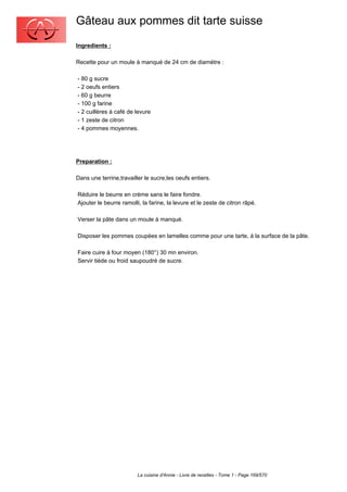 Gâteau aux pommes dit tarte suisse
Ingredients :

Recette pour un moule à manqué de 24 cm de diamètre :

- 80 g sucre
- 2 oeufs entiers
- 60 g beurre
- 100 g farine
- 2 cuillères à café de levure
- 1 zeste de citron
- 4 pommes moyennes.




Preparation :

Dans une terrine,travailler le sucre,les oeufs entiers.

Réduire le beurre en crème sans le faire fondre.
Ajouter le beurre ramolli, la farine, la levure et le zeste de citron râpé.

Verser la pâte dans un moule à manqué.

Disposer les pommes coupées en lamelles comme pour une tarte, à la surface de la pâte.

Faire cuire à four moyen (180°) 30 mn environ.
Servir tiède ou froid saupoudré de sucre.




                         La cuisine d'Annie - Livre de recettes - Tome 1 - Page 169/570
 