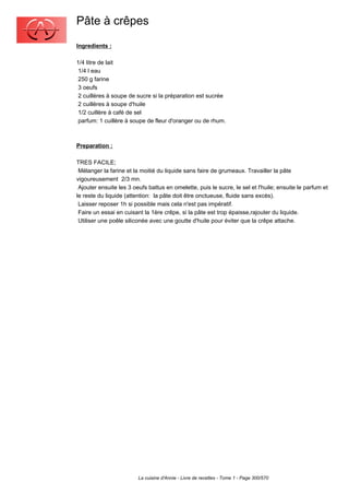 Pâte à crêpes
Ingredients :

1/4 litre de lait
 1/4 l eau
 250 g farine
 3 oeufs
 2 cuillères à soupe de sucre si la préparation est sucrée
 2 cuillères à soupe d'huile
 1/2 cuillère à café de sel
 parfum: 1 cuillère à soupe de fleur d'oranger ou de rhum.



Preparation :

TRES FACILE;
 Mélanger la farine et la moitié du liquide sans faire de grumeaux. Travailler la pâte
vigoureusement 2/3 mn.
 Ajouter ensuite les 3 oeufs battus en omelette, puis le sucre, le sel et l'huile; ensuite le parfum et
le reste du liquide (attention: la pâte doit être onctueuse, fluide sans excès).
 Laisser reposer 1h si possible mais cela n'est pas impératif.
 Faire un essai en cuisant la 1ère crêpe, si la pâte est trop épaisse,rajouter du liquide.
 Utiliser une poêle siliconée avec une goutte d'huile pour éviter que la crêpe attache.




                         La cuisine d'Annie - Livre de recettes - Tome 1 - Page 300/570
 