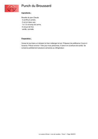 Punch du Broussard
Ingredients :

Recette de jean Claude:
3 vol.Rhum ambré,
2 vol.vin blanc sec,
1 à 1,5 vol.sirop de canne,
6 vol.jus de fruit,
vanille, cannelle




Preparation :

Versez le tout dans un récipient et bien mélanger le tout. Préparez de préférence 3 jours à
l'avance. Prévoir environ 1 litre pour trois personnes. A servir en ouverture de soirée. Se
conserve parfaitement plusieurs semaines au réfrigérateur.




                        La cuisine d'Annie - Livre de recettes - Tome 1 - Page 365/570
 