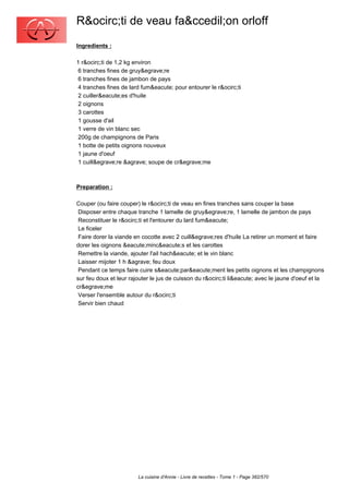 R&ocirc;ti de veau fa&ccedil;on orloff
Ingredients :

1 r&ocirc;ti de 1,2 kg environ
 6 tranches fines de gruy&egrave;re
 6 tranches fines de jambon de pays
 4 tranches fines de lard fum&eacute; pour entourer le r&ocirc;ti
 2 cuiller&eacute;es d'huile
 2 oignons
 3 carottes
 1 gousse d'ail
 1 verre de vin blanc sec
 200g de champignons de Paris
 1 botte de petits oignons nouveux
 1 jaune d'oeuf
 1 cuill&egrave;re &agrave; soupe de cr&egrave;me



Preparation :

Couper (ou faire couper) le r&ocirc;ti de veau en fines tranches sans couper la base
 Disposer entre chaque tranche 1 lamelle de gruy&egrave;re, 1 lamelle de jambon de pays
 Reconstituer le r&ocirc;ti et l'entourer du lard fum&eacute;
 Le ficeler
 Faire dorer la viande en cocotte avec 2 cuill&egrave;res d'huile La retirer un moment et faire
dorer les oignons &eacute;minc&eacute;s et les carottes
 Remettre la viande, ajouter l'ail hach&eacute; et le vin blanc
 Laisser mijoter 1 h &agrave; feu doux
 Pendant ce temps faire cuire s&eacute;par&eacute;ment les petits oignons et les champignons
sur feu doux et leur rajouter le jus de cuisson du r&ocirc;ti li&eacute; avec le jaune d'oeuf et la
cr&egrave;me
 Verser l'ensemble autour du r&ocirc;ti
 Servir bien chaud




                        La cuisine d'Annie - Livre de recettes - Tome 1 - Page 382/570
 