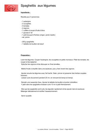 Spaghettis aux légumes
Ingredients :

Recette pour 5 personnes:

- 1 aubergine
- 2 courgettes
- 4 tomates
- 2 oignons
- 1 cuillère à soupe d'huile d'olive
- 1 gousse d' ail
- 1 petit bouquet d'herbes (origan, persil, basilic)
- sel, poivre

- 250 g spaghettis
- 1 tablette de bouillon de boeuf




Preparation :

Laver les légumes. Couper l'aubergine, les courgettes en petits morceaux. Peler les tomates, les
couper et les épépiner.
 Eplucher les oignons et les découper en fines lamelles.

Mettre l'huile à chauffer dans une sauteuse, puis y faire revenir les oignons.

 Ajouter ensuite les légumes avec l'ail haché. Saler, poivrer et parsemer des herbes coupées
finement.
 Laisser cuire doucement pendant 25 mn, en remuant de temps en temps.

Remplir une casserole d'eau. Ajouter la tablette de bouillon et porter à ébullition.
Y jeter alors les spaghettis et laisser cuire 15 mn à petit frémissement.

Dès que les spaghettis sont cuits, les égoutter rapidement et les ajouter dans la sauteuse.
Mélanger délicatement et rectifier l’assaisonnement.

Servir aussitôt.




                         La cuisine d'Annie - Livre de recettes - Tome 1 - Page 483/570
 