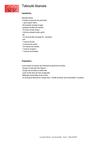 Taboulé libanais
Ingredients :

Recette Grâce :
4 bottes moyennes de persil plat
1 gros oignon blanc
4/5 grosses tomates rouges
quelques feuilles de menthe
1/2 verre d'huile d'olive
2 citrons pressés (selon goût)
sel
1/2 verre de blé concassé fin : bourghol
soit:
1 mesure de blé
2 mesures de persil
1/2 mesure de menthe
1 mesure d'oignon
1 mesure de tomates.




Preparation :

Laver sécher et hacher très finement le persil et la menthe
 Couper en dés très fins l'oignon
 Couper les tomates en petits dés
 Laver le blé dans de l'eau et égoutter
 Mélanger l'ensemble et servir frais.
 en principe le taboulé se mange avec 1 feuille de laitue sans fourchette ni couteau!




                        La cuisine d'Annie - Livre de recettes - Tome 1 - Page 491/570
 
