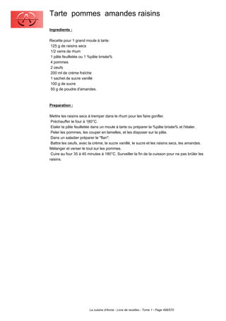 Tarte pommes amandes raisins
Ingredients :

Recette pour 1 grand moule à tarte:
125 g de raisins secs
1/2 verre de rhum
1 pâte feuilletée ou 1 %pâte brisée%
4 pommes
2 oeufs
200 ml de crème fraîche
1 sachet de sucre vanillé
100 g de sucre
50 g de poudre d'amandes.



Preparation :

Mettre les raisins secs à tremper dans le rhum pour les faire gonfler.
 Préchauffer le four à 180°C.
 Etaler la pâte feuilletée dans un moule à tarte ou préparer la %pâte brisée% et l'étaler.
 Peler les pommes, les couper en lamelles, et les disposer sur la pâte.
 Dans un saladier préparer le "flan":
 Battre les oeufs, avec la crème, le sucre vanillé, le sucre et les raisins secs, les amandes.
Mélanger et verser le tout sur les pommes.
 Cuire au four 35 à 40 minutes à 180°C. Surveiller la fin de la cuisson pour ne pas brûler les
raisins.




                        La cuisine d'Annie - Livre de recettes - Tome 1 - Page 498/570
 