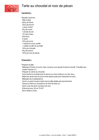 Tarte au chocolat et noix de pécan
Ingredients :

Recette Laurence:
Pâte à tarte:
200 g de farine
100 g de beurre
1 jaune d'oeuf
25 g de sucre
1 pincée de sel
1/2 verre d'eau
Garniture:
4 oeufs
120 g de sucre
1 sachet de sucre vanillé
1 cuillère à café de cannelle
120 g de chocolat
80 g de beurre
150 g de noix de pécan.



Preparation :

Préparer la pâte:
Mélanger le farine, le sucre, l'eau, le jaune, puis ajouter le beurre ramolli. Travailler peu.
Laisser reposer 2 h.
Préparer la crème au chocolat:
Faire fondre le chocolat avec le beurre au micro-ondes ou sur feu doux.
Battre les oeufs avec le sucre et les épices juste pour dissoudre le sucre.
Mélanger les 2 préparations.
Garnir un grand moule à tarte avec la pâte étalée pas trop finement.
Verser la crème au chocolat sur le fond de tarte cru.
Garnir avec les demi cerneaux de noix.
Enfourner pour 30 mn Th 6/7.
Servir tiède ou froid.




                         La cuisine d'Annie - Livre de recettes - Tome 1 - Page 508/570
 
