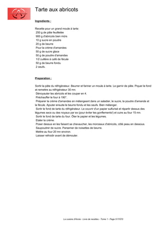 Tarte aux abricots
Ingredients :

Recette pour un grand moule à tarte:
250 g de pâte feuilletée
900 g d'abricots bien mûrs
10 g sucre en poudre
20 g de beurre
Pour la crème d'amandes:
50 g de sucre glace
50 g de poudre d'amandes
1/2 cuillère à café de fécule
50 g de beurre fondu
2 oeufs.



Preparation :

Sortir la pâte du réfrigérateur. Beurrer et fariner un moule à tarte. Le garnir de pâte. Piquer le fond
et remettre au réfrigérateur 30 mn.
 Dénoyauter les abricots et les couper en 4.
 Préchauffer le four à 190°.
 Préparer la crème d'amandes en mélangeant dans un saladier, le sucre, la poudre d'amande et
la fécule. Ajouter ensuite le beurre fondu et les oeufs. Bien mélanger.
 Sortir le fond de tarte du réfrigérateur. Le couvrir d'un papier sulfurisé et répartir dessus des
légumes secs ou des noyaux par ex (pour éviter les gonflements!) et cuire au four 15 mn.
 Sortir le fond de tarte du four. Ôter le papier et les légumes.
 Etaler la crème.
 Poser dessus en les faisant se chevaucher, les morceaux d'abricots, côté peau en dessous.
 Saupoudrer de sucre. Parsemer de noisettes de beurre.
 Mettre au four 20 mn environ.
 Laisser refroidir avant de démouler.




                         La cuisine d'Annie - Livre de recettes - Tome 1 - Page 517/570
 
