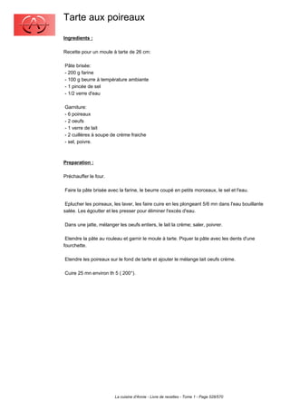 Tarte aux poireaux
Ingredients :

Recette pour un moule à tarte de 26 cm:

Pâte brisée:
- 200 g farine
- 100 g beurre à température ambiante
- 1 pincée de sel
- 1/2 verre d'eau

Garniture:
- 6 poireaux
- 2 oeufs
- 1 verre de lait
- 2 cuillères à soupe de crème fraiche
- sel, poivre.



Preparation :

Préchauffer le four.

Faire la pâte brisée avec la farine, le beurre coupé en petits morceaux, le sel et l'eau.

 Eplucher les poireaux, les laver, les faire cuire en les plongeant 5/6 mn dans l'eau bouillante
salée. Les égoutter et les presser pour éliminer l'excès d'eau.

Dans une jatte, mélanger les oeufs entiers, le lait la crème; saler, poivrer.

 Etendre la pâte au rouleau et garnir le moule à tarte. Piquer la pâte avec les dents d'une
fourchette.

Etendre les poireaux sur le fond de tarte et ajouter le mélange lait oeufs crème.

Cuire 25 mn environ th 5 ( 200°).




                        La cuisine d'Annie - Livre de recettes - Tome 1 - Page 528/570
 
