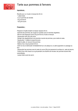 Tarte aux pommes à l'envers
Ingredients :

Recette pour un moule à manqué de 22 cm:
1 pâte brisée
4 ou 5 pommes de reinette
75 g de beurre
125 g de sucre.



Preparation :

Préparer la %pâte brisée% et laisser reposer 20 mn.
 Eplucher les pommes, les couper en quartier puis en tranches régulières.
 Beurrer très largement (avec 50 g) le fond du moule à manqué.
 Saupoudrer avec 50 g de sucre.
 Ranger très régulièrement une première couche de pommes, puis mettre le reste.
 Saupoudrer 1 cuillère à soupe de sucre.
 Etaler la pâte, en recouvrir les pommes.
 Mettre à four chaud pendant 20 mn.
 Sortir du four et démouler immédiatement sur une plaque ou un plat supportant un passage au
four.
 Saupoudrer les pommes avec le reste du sucre (50 g) et parsemer la surface du reste de beurre.
 Porter à four très chaud ou au gril pendant une dizaine de minutes, les pommes doivent être
caramélisées.
 Laisser tiédir avant de servir.




                       La cuisine d'Annie - Livre de recettes - Tome 1 - Page 531/570
 