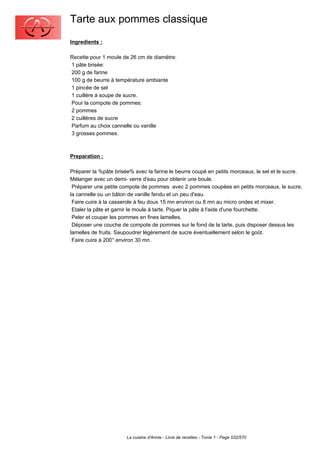Tarte aux pommes classique
Ingredients :

Recette pour 1 moule de 26 cm de diamètre:
1 pâte brisée:
200 g de farine
100 g de beurre à température ambiante
1 pincée de sel
1 cuillère à soupe de sucre.
Pour la compote de pommes:
2 pommes
2 cuillères de sucre
Parfum au choix cannelle ou vanille
3 grosses pommes.



Preparation :

Préparer la %pâte brisée% avec la farine le beurre coupé en petits morceaux, le sel et le sucre.
Mélanger avec un demi- verre d'eau pour obtenir une boule.
 Préparer une petite compote de pommes avec 2 pommes coupées en petits morceaux, le sucre,
la cannelle ou un bâton de vanille fendu et un peu d'eau.
 Faire cuire à la casserole à feu doux 15 mn environ ou 8 mn au micro ondes et mixer.
 Etaler la pâte et garnir le moule à tarte. Piquer la pâte à l'aide d'une fourchette.
 Peler et couper les pommes en fines lamelles.
 Déposer une couche de compote de pommes sur le fond de la tarte, puis disposer dessus les
lamelles de fruits. Saupoudrer légèrement de sucre éventuellement selon le goût.
 Faire cuire à 200° environ 30 mn.




                       La cuisine d'Annie - Livre de recettes - Tome 1 - Page 532/570
 