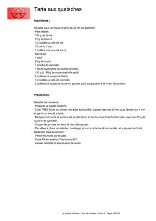Tarte aux quetsches
Ingredients :

Recette pour un moule à tarte de 26 cm de diamètre
Pâte brisée:
150 g de farine
75 g de beurre
1/2 cuillère à café de sel
1/2 verre d'eau
1 cuillère à soupe de sucre.
Garniture:
1 oeuf
25 g de sucre
1 pincée de cannelle
1 kg de quetsches (ou autres prunes)
150 g à 180 g de sucre (selon le goût)
2 cuillères à soupe de farine
1/2 cuillère à café de cannelle
2 cuillères à soupe de sucre en poudre pour saupoudrer à la fin en décoration.



Preparation :

Recette de Laurence.
 Préparer la %pâte brisée%:
 C'est TRES facile ou utiliser une pâte toute prête. Laisser reposer 20 mn, puis l'étaler sur 4 mm
et garnir un moule à tarte.
 Badigeonner toute la surface de la pâte (fond et bords) avec l'oeuf entier battu avec les 25 g de
sucre et la cannelle.
 Couper les prunes en deux et des dénoyauter.
 Par ailleurs, dans un saladier, mélanger le sucre la farine et la cannelle et y ajouter les fruits.
Mélanger soigneusement.
 Verser les fruits sur la pâte.
 Cuire 45 mn environ Thermostat 6/7.
 Laisser refroidir et saupoudrer de sucre.




                        La cuisine d'Annie - Livre de recettes - Tome 1 - Page 534/570
 