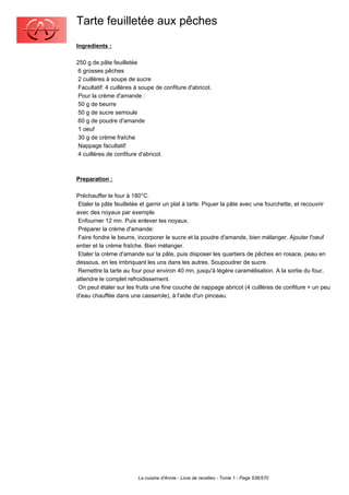 Tarte feuilletée aux pêches
Ingredients :

250 g de pâte feuilletée
 6 grosses pêches
 2 cuillères à soupe de sucre
 Facultatif: 4 cuillères à soupe de confiture d'abricot.
 Pour la crème d'amande :
 50 g de beurre
 50 g de sucre semoule
 60 g de poudre d'amande
 1 oeuf
 30 g de crème fraîche
 Nappage facultatif:
 4 cuillères de confiture d'abricot.



Preparation :

Préchauffer le four à 180°C.
 Etaler la pâte feuilletée et garnir un plat à tarte. Piquer la pâte avec une fourchette, et recouvrir
avec des noyaux par exemple.
 Enfourner 12 mn. Puis enlever les noyaux.
 Préparer la crème d'amande:
 Faire fondre le beurre, incorporer le sucre et la poudre d'amande, bien mélanger. Ajouter l'oeuf
entier et la crème fraîche. Bien mélanger.
 Etaler la crème d'amande sur la pâte, puis disposer les quartiers de pêches en rosace, peau en
dessous, en les imbriquant les uns dans les autres. Soupoudrer de sucre.
 Remettre la tarte au four pour environ 40 mn, jusqu'à légère caramélisation. A la sortie du four,
attendre le complet refroidissement.
 On peut étaler sur les fruits une fine couche de nappage abricot (4 cuillères de confiture + un peu
d'eau chauffée dans une casserole), à l'aide d'un pinceau.




                         La cuisine d'Annie - Livre de recettes - Tome 1 - Page 536/570
 