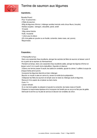 Terrine de saumon aux légumes
Ingredients :

Recette Picard :
Pour 10 personnes :
2 filets de saumon
400g de légumes d'Armor ( mélange carottes haricots verts choux fleurs, brocolis)
Herbes coupées : estragon, ciboulette, persil, aneth
10 oeufs
100g crème fraîche
Huile, moutarde
1 citron pour le décor.
(25 cl de gelée en poudre ou en feuille; coriandre, baies roses, sel, poivre).
Mayonnaise.




Preparation :

1-Préchauffer le four.
 Dans une casserole d'eau bouillante, plonger les sachets de filets de saumon et laisser cuire 8
mn à partir de la reprises du frémissement.
 Pendant ce temps, dans une casserole d'eau bouillante salée, plonger les légmes d'Armor et
laisser cuire 5 mn à partir de la réebullition. Egoutter et réserver.
 2-Dans une terrine,casser 9 oeufs; les battre en omelette, ajouter la crème,1 cuillère à soupe de
chaque herbe,sel et poivre.
 Incorporer les légumes blanchis et bien mélanger.
 Beurrer un moule à cake en verre et y verser la moitié de la préparation.
 3-Déposer les filets de saumon et remplir avec le reste du mélange oeufs et légumes.
 Recouvrir d'un papier alu et placer au bain-marie.
 Cuire 1 h.
 Laisser refroidir.
 Si on met de la gelée, la préparer et ajouter la coriandre, les baies roses et l'aneth.
 Préparer la mayonnaise épaisse et lui incorporer de l'aneth par ex car je ne fais pas de gelée.
 Démouler la terrine sur le plat de service et décorer de rondelles de citron.




                        La cuisine d'Annie - Livre de recettes - Tome 1 - Page 549/570
 