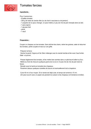 Tomates farcies
Ingredients :

Pour 4 personnes :
- 8 belles tomates
- 250 g de reste de viande rôtie (ou de chair à saucisse ou de jambon)
- 1 poignée de riz (pour changer, on peut mettre un peu de mie de pain trempée dans du lait)
- 1 gros oignon
- 1 gousse d'ail
- persil
- 1 oeuf.




Preparation :

Couper un chapeau sur les tomates. Sans abîmer les chairs, retirer les graines, saler et retourner
les tomates, partie coupée en bas sur une grille.

Préparer la farce:
Hacher le persil, l'oignon,et l'ail. Bien mélanger avec la viande hachée et lier avec l'oeuf entier.
Saler et poivrer.

 Presser légèrement les tomates, et les mettre bien serrées dans un plat beurré allant au four.
 Mettre au fond de chacune quelques grains de riz (si on n'a pas mis de mie de pain dans la
farce).
 Remplir avec le hachis et remettre les chapeaux.
 Parsemer dessus quelques noisettes de beurre et éventuellement de la chapelure.

Cuire 40 mn à four moyen. Si la viande est déjà cuite, le temps est ramené à 15 mn.
(On peut couvrir avec un papier alu pendant la cuisson si les chapeaux ont tendance à brûler).




                         La cuisine d'Annie - Livre de recettes - Tome 1 - Page 556/570
 