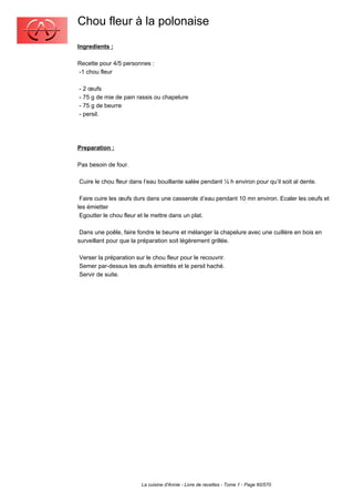 Chou fleur à la polonaise
Ingredients :

Recette pour 4/5 personnes :
-1 chou fleur

- 2 œufs
- 75 g de mie de pain rassis ou chapelure
- 75 g de beurre
- persil.




Preparation :

Pas besoin de four.

Cuire le chou fleur dans l’eau bouillante salée pendant ¼ h environ pour qu’il soit al dente.

 Faire cuire les œufs durs dans une casserole d’eau pendant 10 mn environ. Ecaler les oeufs et
les émietter
 Egoutter le chou fleur et le mettre dans un plat.

 Dans une poêle, faire fondre le beurre et mélanger la chapelure avec une cuillère en bois en
surveillant pour que la préparation soit légèrement grillée.

Verser la préparation sur le chou fleur pour le recouvrir.
Semer par-dessus les œufs émiettés et le persil haché.
Servir de suite.




                        La cuisine d'Annie - Livre de recettes - Tome 1 - Page 60/570
 