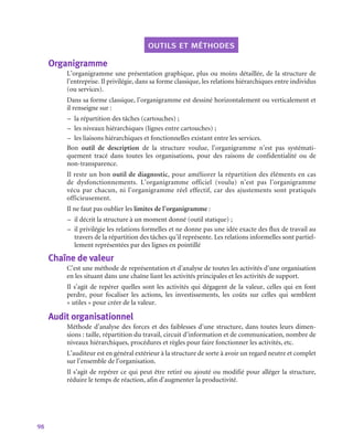 98
outils et méthodes
Organigramme
L’organigramme une présentation graphique, plus ou moins détaillée, de la structure de
l’entreprise. Il privilégie, dans sa forme classique, les relations hiérarchiques entre individus
(ou services).
Dans sa forme classique, l’organigramme est dessiné horizontalement ou verticalement et
il renseigne sur :
–
– la répartition des tâches (cartouches) ;
–
– les niveaux hiérarchiques (lignes entre cartouches) ;
–
– les liaisons hiérarchiques et fonctionnelles existant entre les services.
Bon outil de description de la structure voulue, l’organigramme n’est pas systémati-
quement tracé dans toutes les organisations, pour des raisons de confidentialité ou de
non-transparence.
Il reste un bon outil de diagnostic, pour améliorer la répartition des éléments en cas
de dysfonctionnements. L’organigramme officiel (voulu) n’est pas l’organigramme
vécu par chacun, ni l’organigramme réel effectif, car des ajustements sont pratiqués
officieusement.
Il ne faut pas oublier les limites de l’organigramme :
–
– il décrit la structure à un moment donné (outil statique) ;
–
– il privilégie les relations formelles et ne donne pas une idée exacte des flux de travail au
travers de la répartition des tâches qu’il représente. Les relations informelles sont partiel-
lement représentées par des lignes en pointillé
Chaîne de valeur
C’est une méthode de représentation et d’analyse de toutes les activités d’une organisation
en les situant dans une chaîne liant les activités principales et les activités de support.
Il s’agit de repérer quelles sont les activités qui dégagent de la valeur, celles qui en font
perdre, pour focaliser les actions, les investissements, les coûts sur celles qui semblent
« utiles » pour créer de la valeur.
Audit organisationnel
Méthode d’analyse des forces et des faiblesses d’une structure, dans toutes leurs dimen-
sions : taille, répartition du travail, circuit d’information et de communication, nombre de
niveaux hiérarchiques, procédures et règles pour faire fonctionner les activités, etc.
L’auditeur est en général extérieur à la structure de sorte à avoir un regard neutre et complet
sur l’ensemble de l’organisation.
Il s’agit de repérer ce qui peut être retiré ou ajouté ou modifié pour alléger la structure,
réduire le temps de réaction, afin d’augmenter la productivité.
 